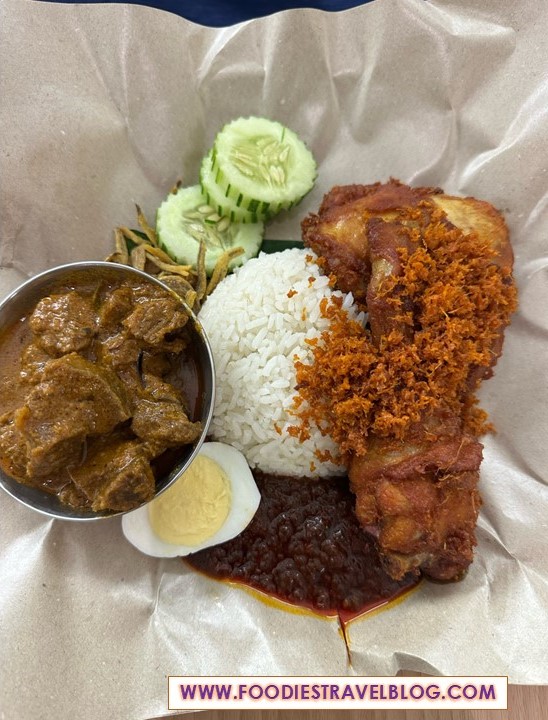 Nasi Lemak with Beef Rendang and Fried Chicken