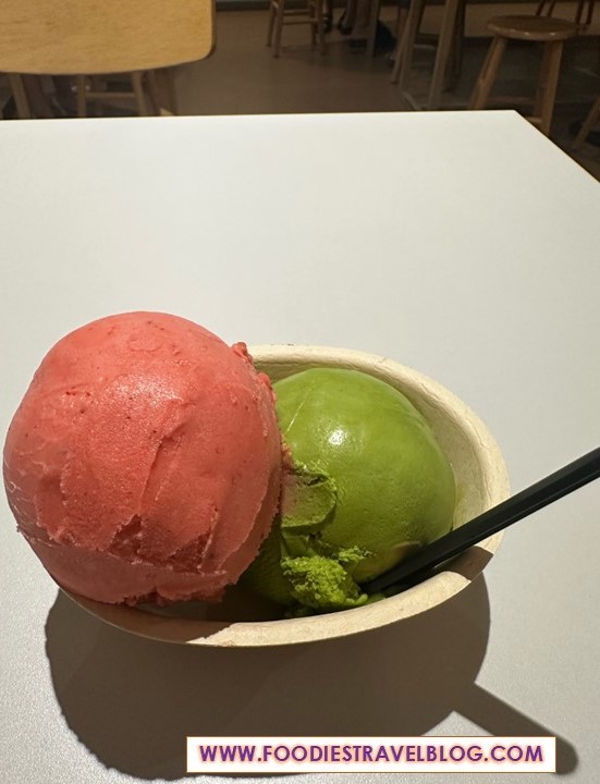 Strawberry sorbet and Macha at Hema Hema Ice Cream, Penang